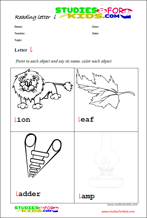 letter L reading,coloring and printable worksheets in PDF free
