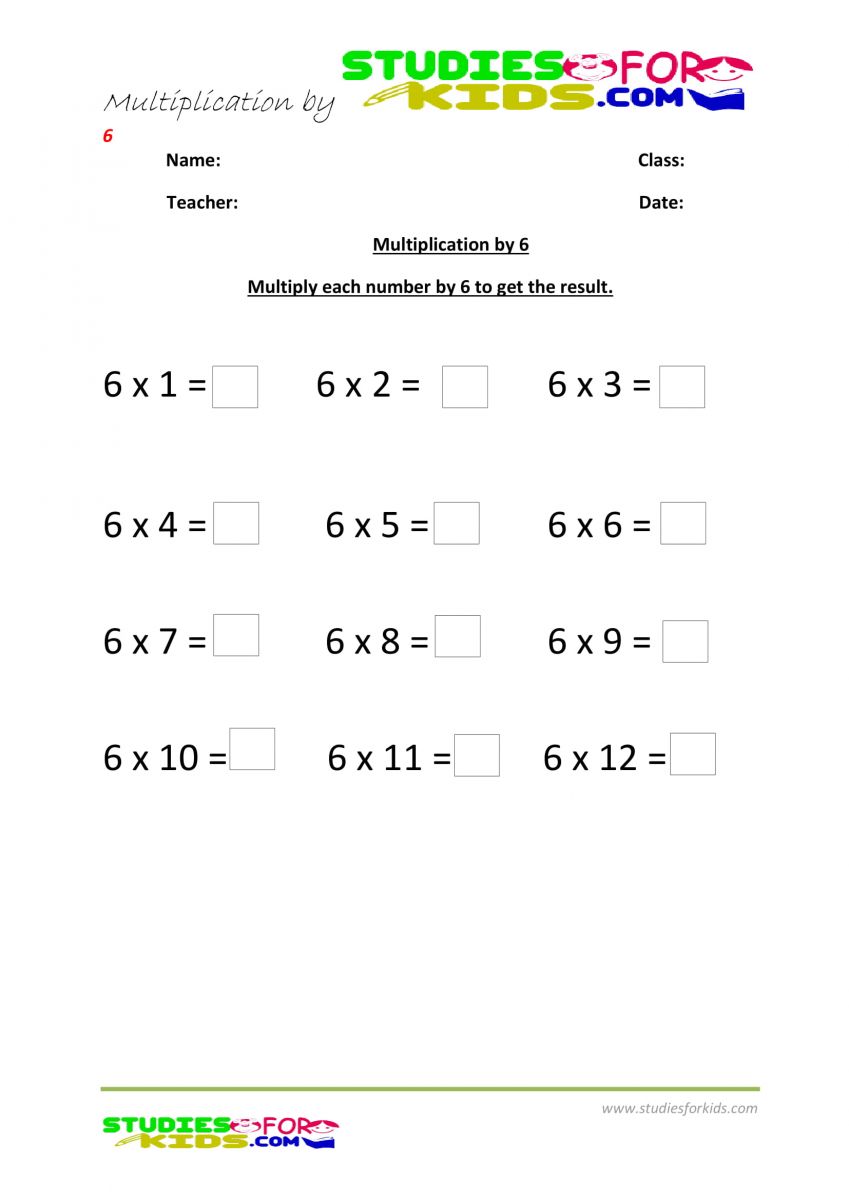 multiplication worksheets grade 3 pdf printable- multiplying  by 6