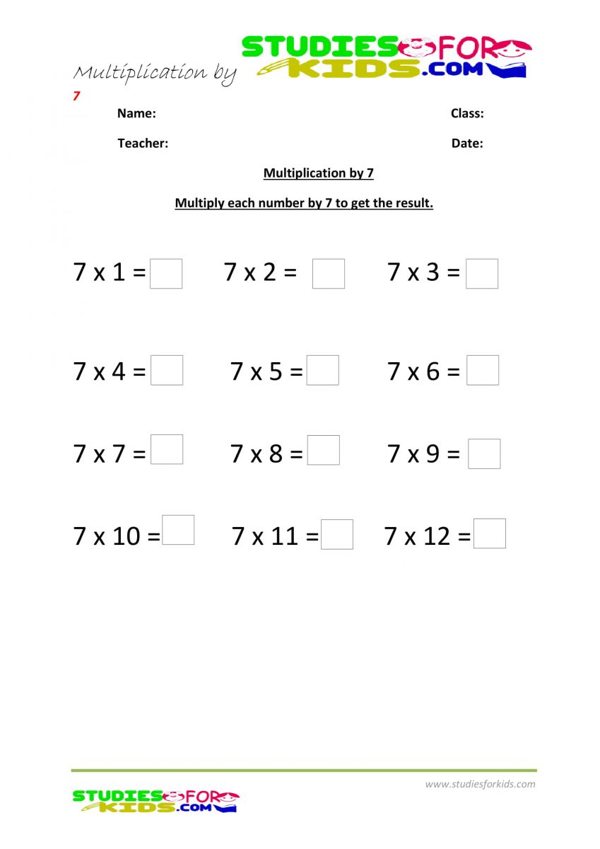 multiplication worksheets grade 4 printable pdf- multiplying by 7