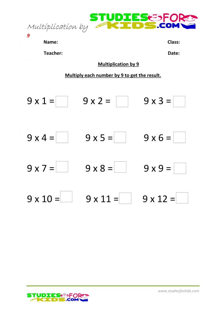 Multiplication worksheets for grade 5 printable pdf- Multiply each number by 9