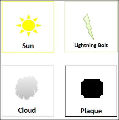 Printable SHAPES FLASH CARDS with Colors-Sun, Lightning Bolt, Cloud, Plaque for preschool learning 