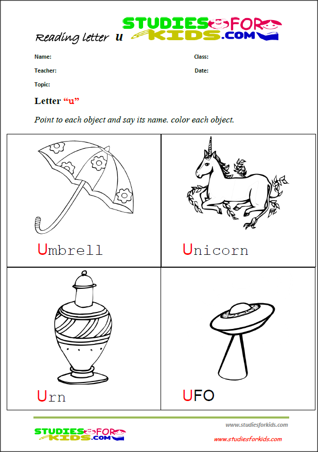 letter U reading worksheets for kids printables PDF