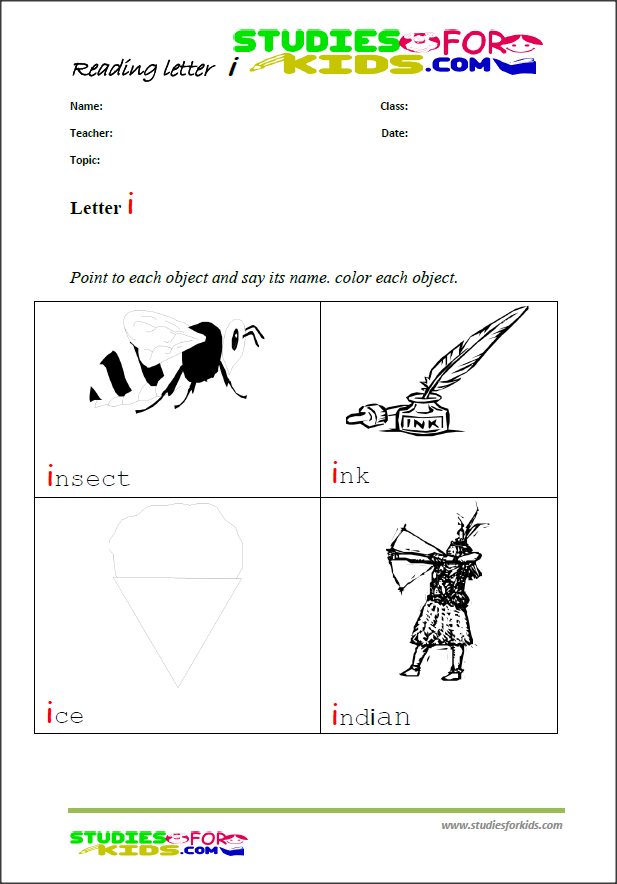 letter i reading and colouring worksheets for kids PDF