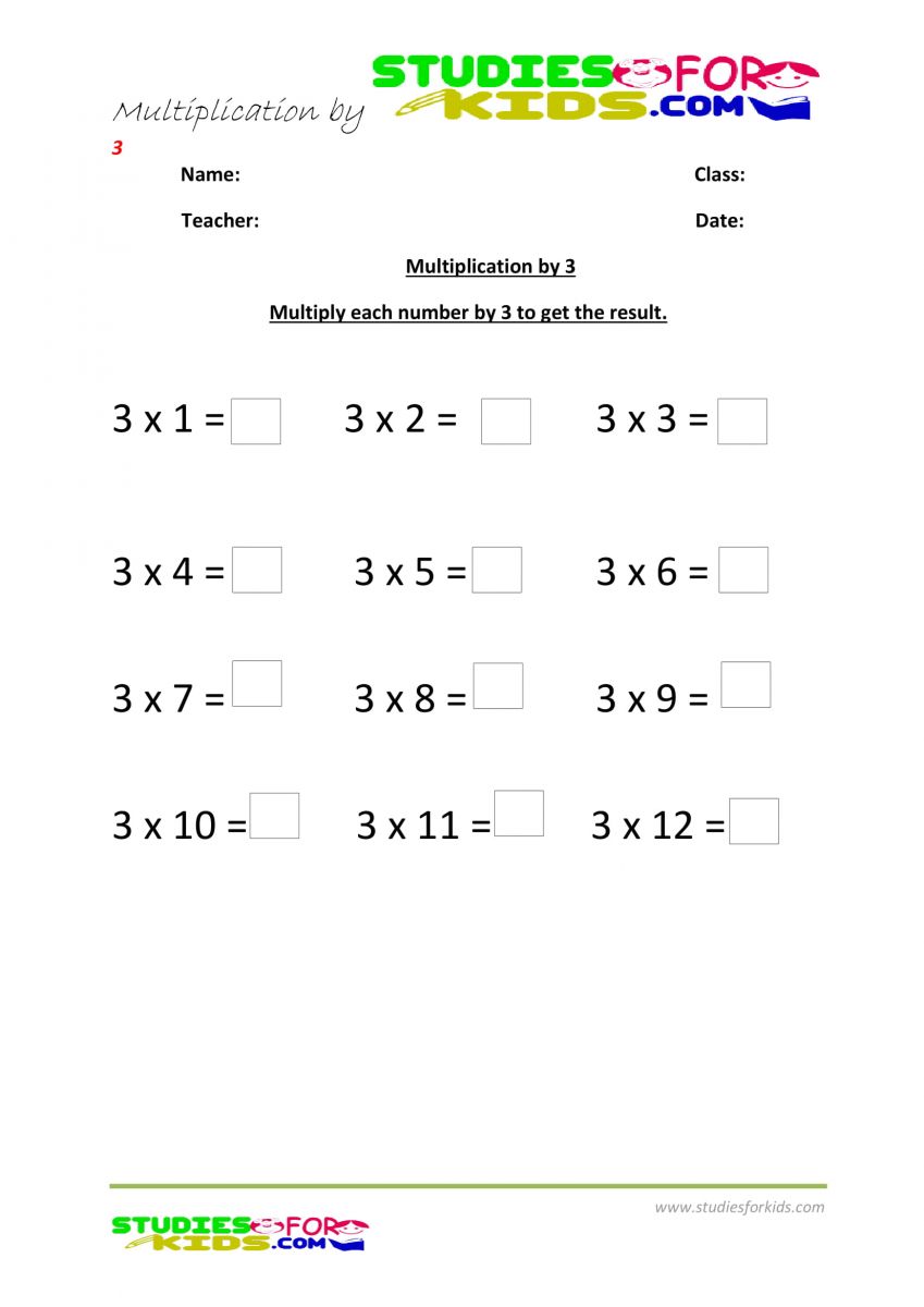 multiplication worksheets by 3, grade 2 pdf printable