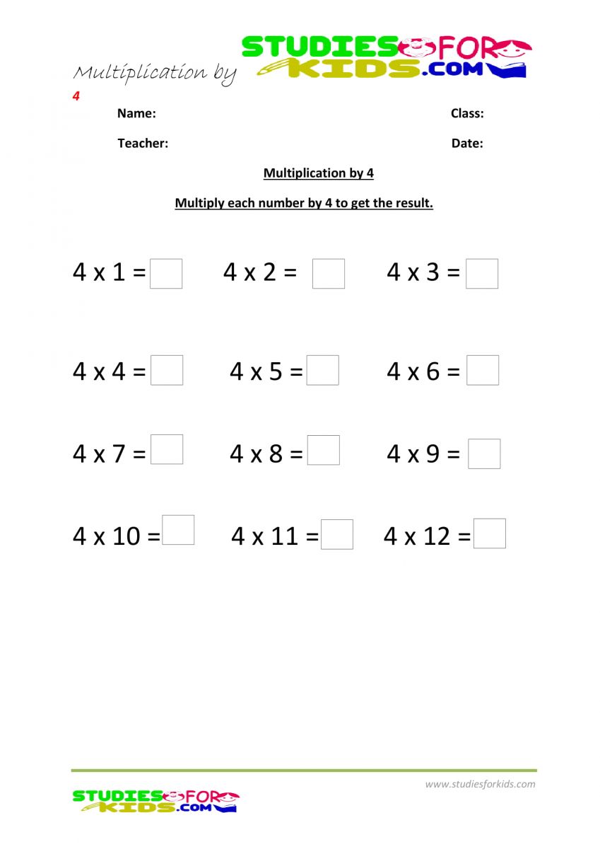math worksheet for grade 3, multiplication by 4