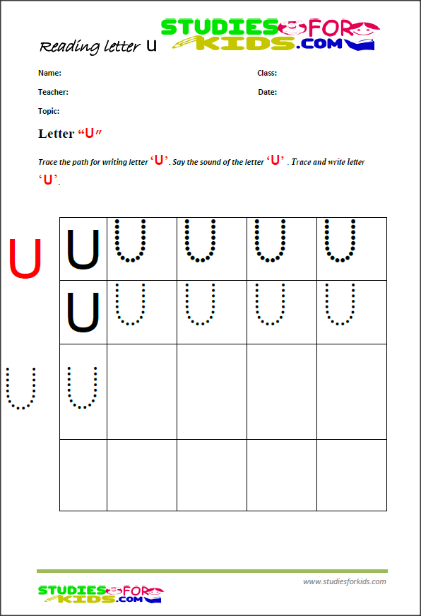 writing worksheets for kindergarten letter U- free printables
